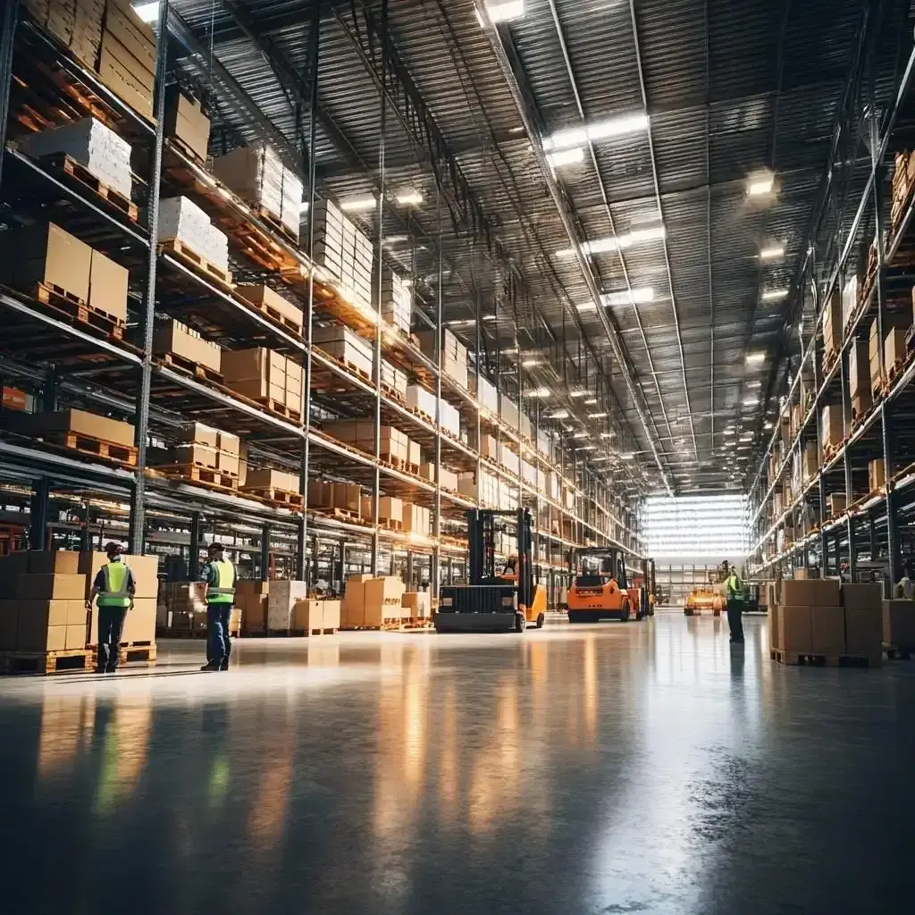 High-bay export consolidation warehouse with palletised cartons and forklifts
