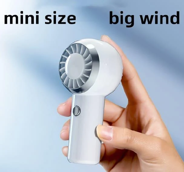 Rechargeable handheld mini fan shown with its folding stand
